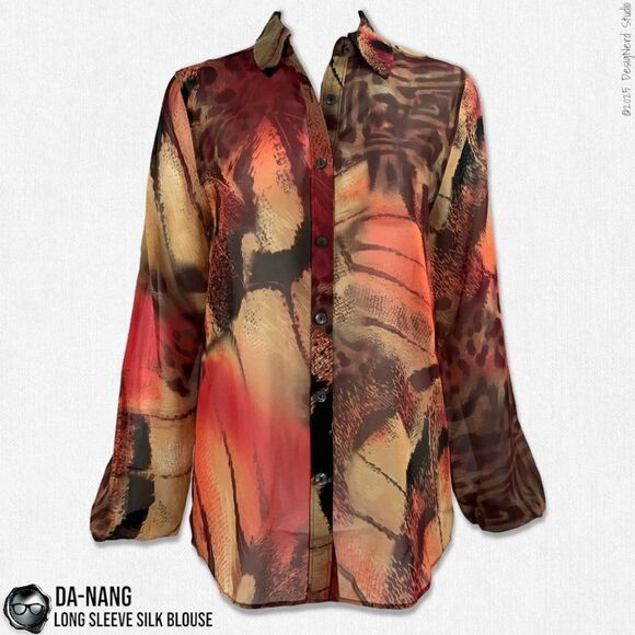 DA-NANG BOHEME SILK BUTTON DOWN LONG SLEEVE BLOUSE IN VINTAGE SUNSET ABSTRACT - Picture 1 of 12